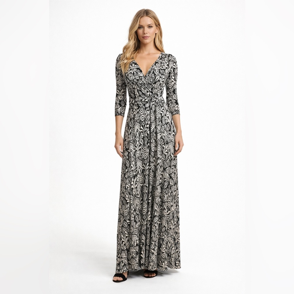 Janette Black & White Geometric Print V-Neck Wrap Maxi Dress Sz S